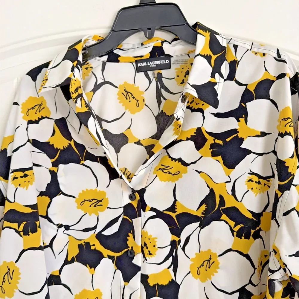Karl Lagerfeld Paris Women's Floral Button Front Blouse White Black Yellow XL - Picture 4 of 11